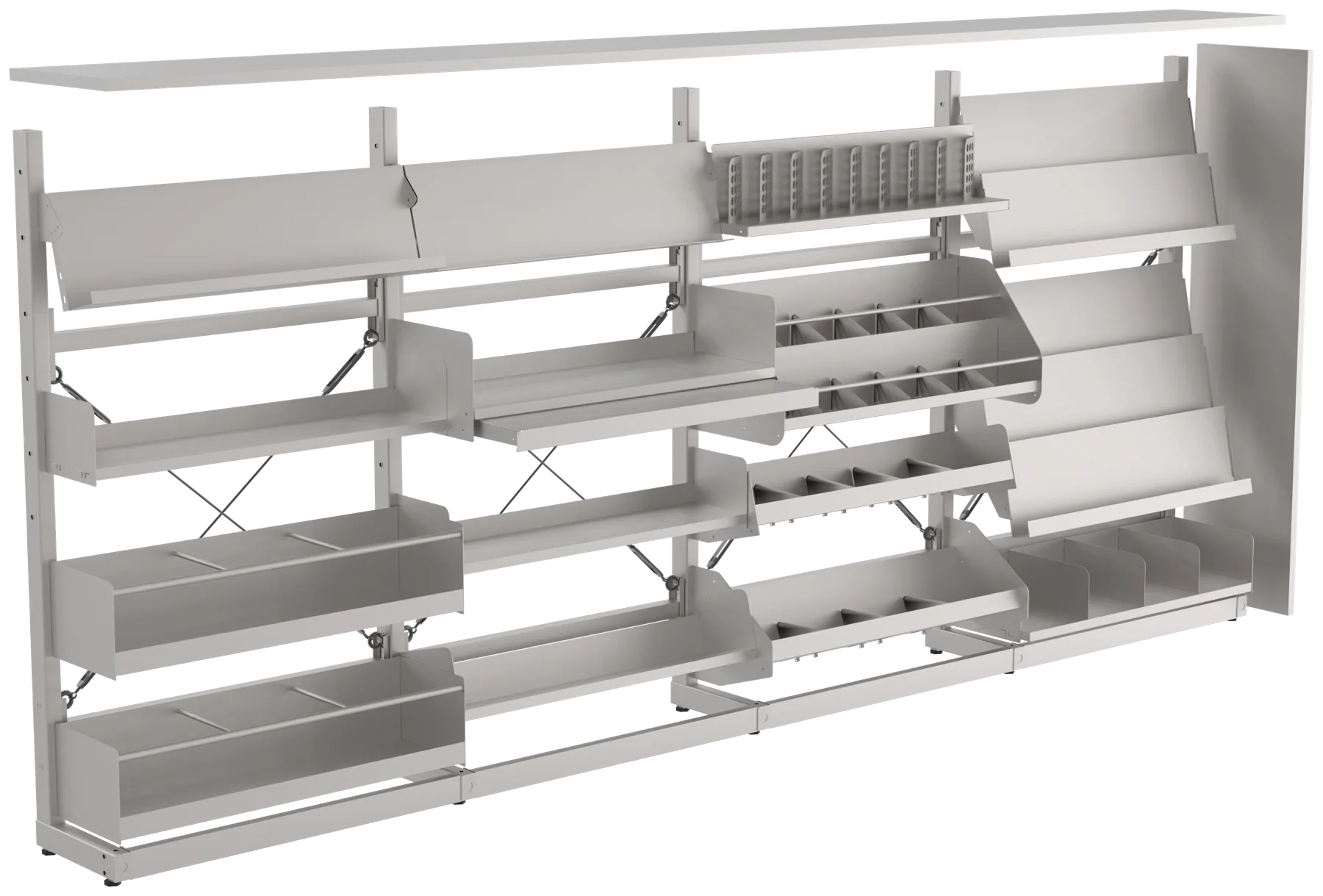 Intraspec shelving run with display shelves, browser bins, dividers and a waterfall display